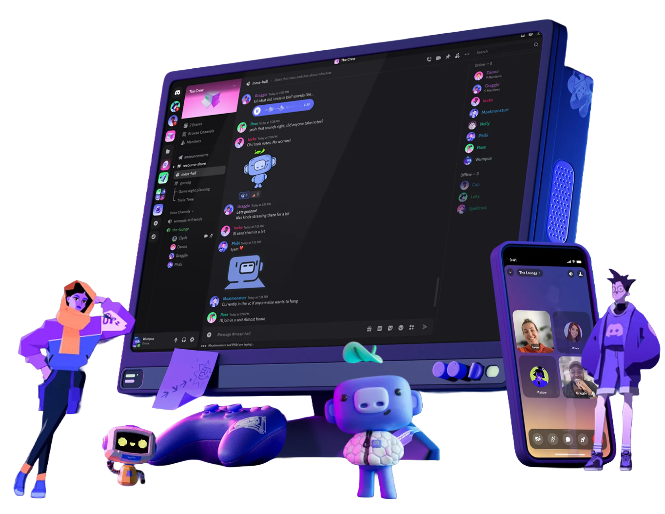 Discord 首页首屏主视觉，展示多端聊天与社群互动场景